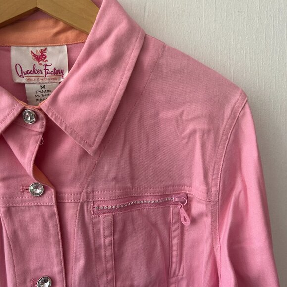 Quacker Factory Button Front Top Womens Medium Pink Collared VTG Rhinestones - Picture 2 of 5